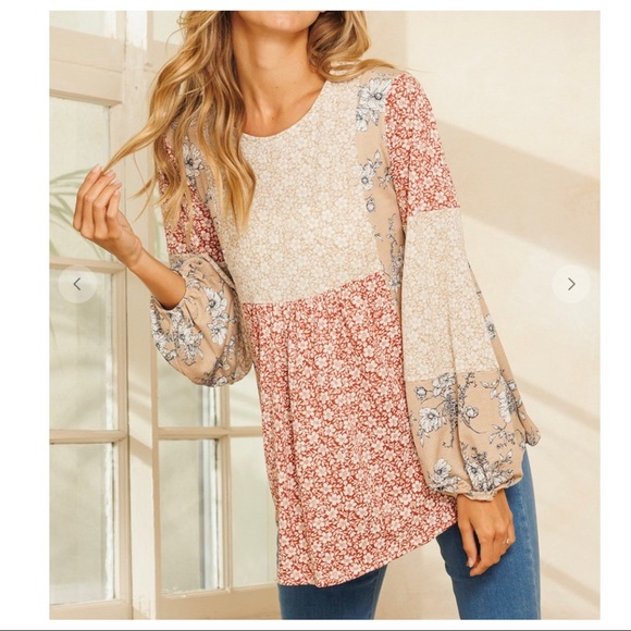 Long Sleeves Color Block Boho Chic Floral Top - Picture 2 of 8